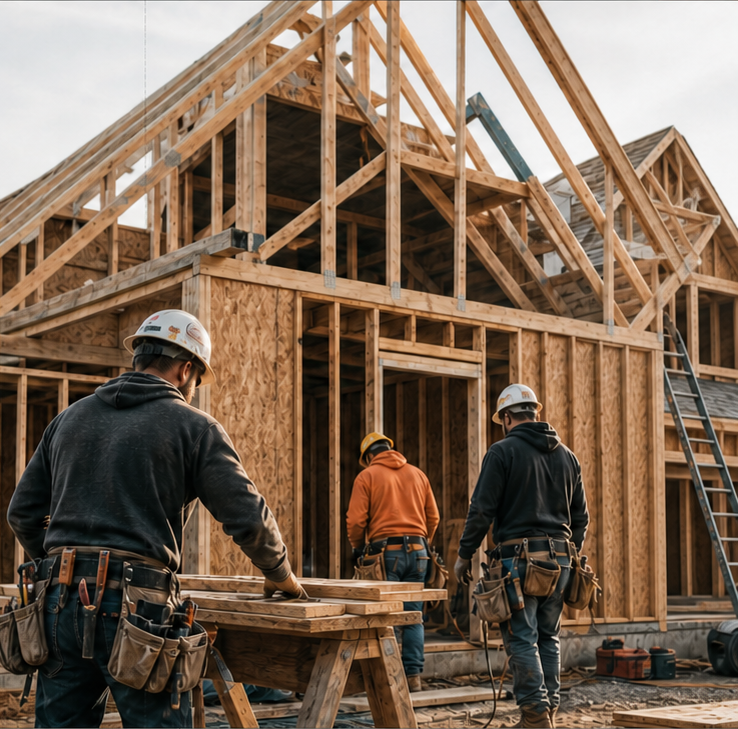 Construction crew framing a new wooden house
